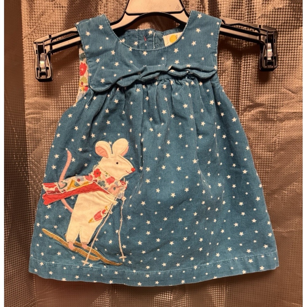 Baby Boden Blue White Stars Corduroy Applique Skiing Mouse Lined Pinafore 0-3m